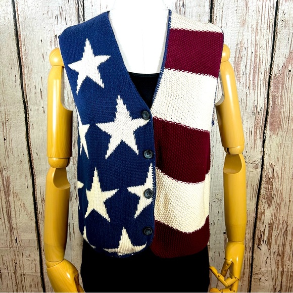 Liz Claiborne Sweaters - Vintage Crazy Horse American Patriotic Flag Cardigan Sweater Vest Size Medium